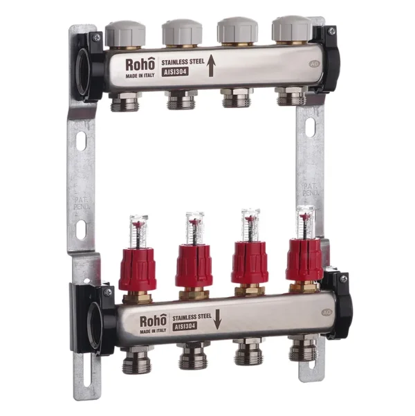 Коллектор теплого пола Roho R804 1″x3/4″ 4 выходов, с расходомерами (RO0036)