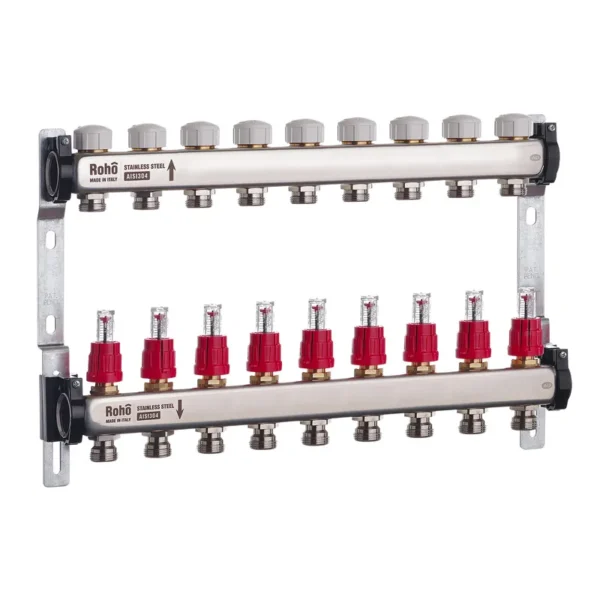 Коллектор теплого пола Roho R804 1″x3/4″ 9 выходов, с расходомерами (RO0041)