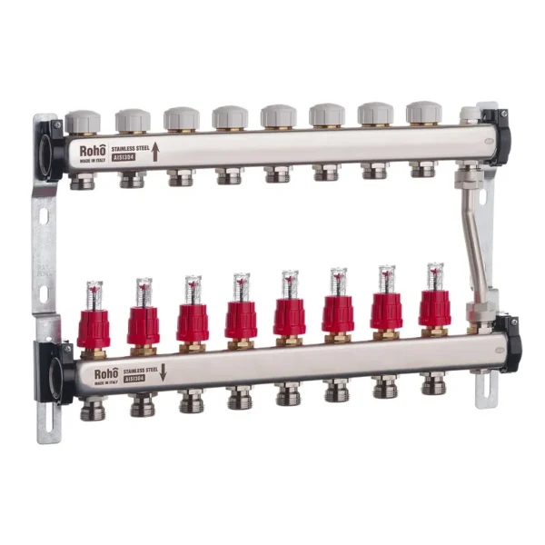 Коллектор теплого пола Roho R814 1″x3/4″ 8 выходов, с расходомерами (RO0051)