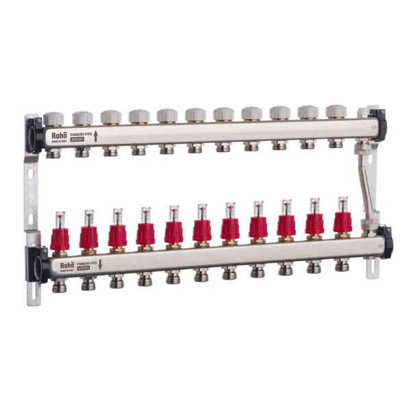 Коллектор теплого пола Roho R814 1″x3/4″ 11 выходов, с расходомерами (RO0054)