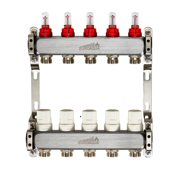 Коллектор теплого пола Euroaqua 1″x3/4″ 5 выходов, c расходомерами