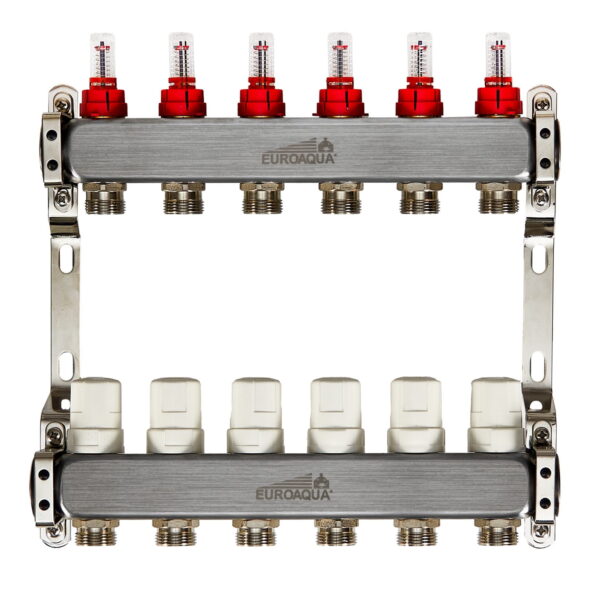 Коллектор теплого пола Euroaqua 1″x3/4″ 6 выходов, c расходомерами