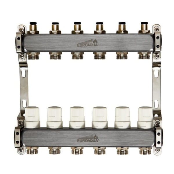 Коллектор теплого пола Euroaqua 1″x3/4″ 6 выходов, с термоголовкой