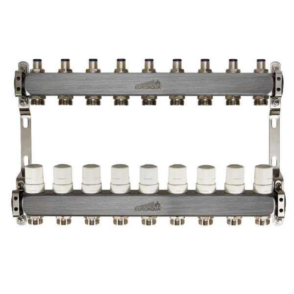Коллектор теплого пола Euroaqua 1″x3/4″ 9 выходов, с термоголовкой