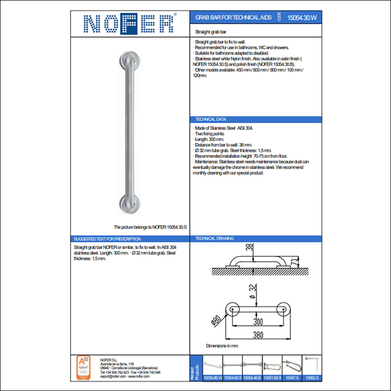 15054.30.S_2 Поручень для ванны NOFER настенный, нержавеющая сталь, (15054.30.S)
