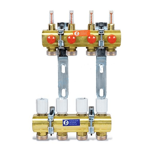 TAR-000059148?0 Коллектор теплого пола Giacomini 1" x 3/4"E 4 выхода, с расходомерами, латунный
