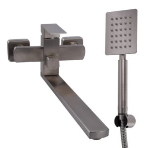 Смеситель для ванны Globus Lux KUBUS SKU-208N однорычажный, нержавеющая сталь, сатин + ручная лейка