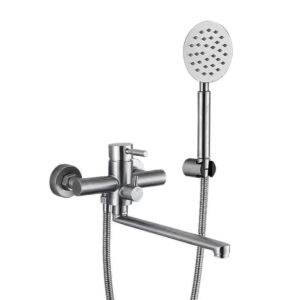 Смеситель для ванны WEZER EKO7-01 однорычажный, нержавеющая сталь, сатин + ручная лейка