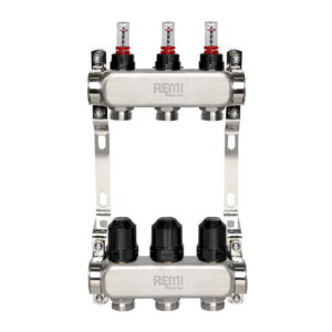 Коллектор теплого пола Remi 1″ x 3/4″ 3 выхода, с расходомерами, нержавеющая сталь