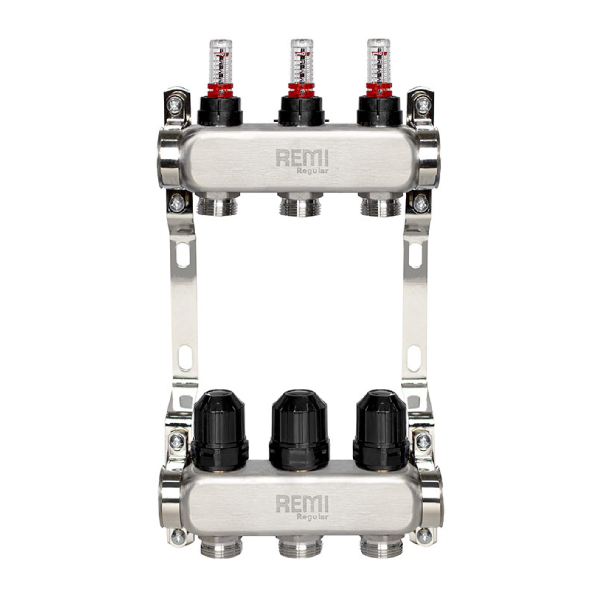 TU-25759_1 Коллектор теплого пола Remi 1″ x 3/4″ 3 выхода, с расходомерами, нержавеющая сталь
