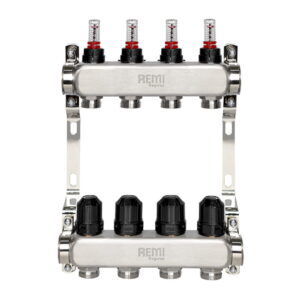 Коллектор теплого пола Remi 1″ x 3/4″ 4 выхода, с расходомерами, нержавеющая сталь