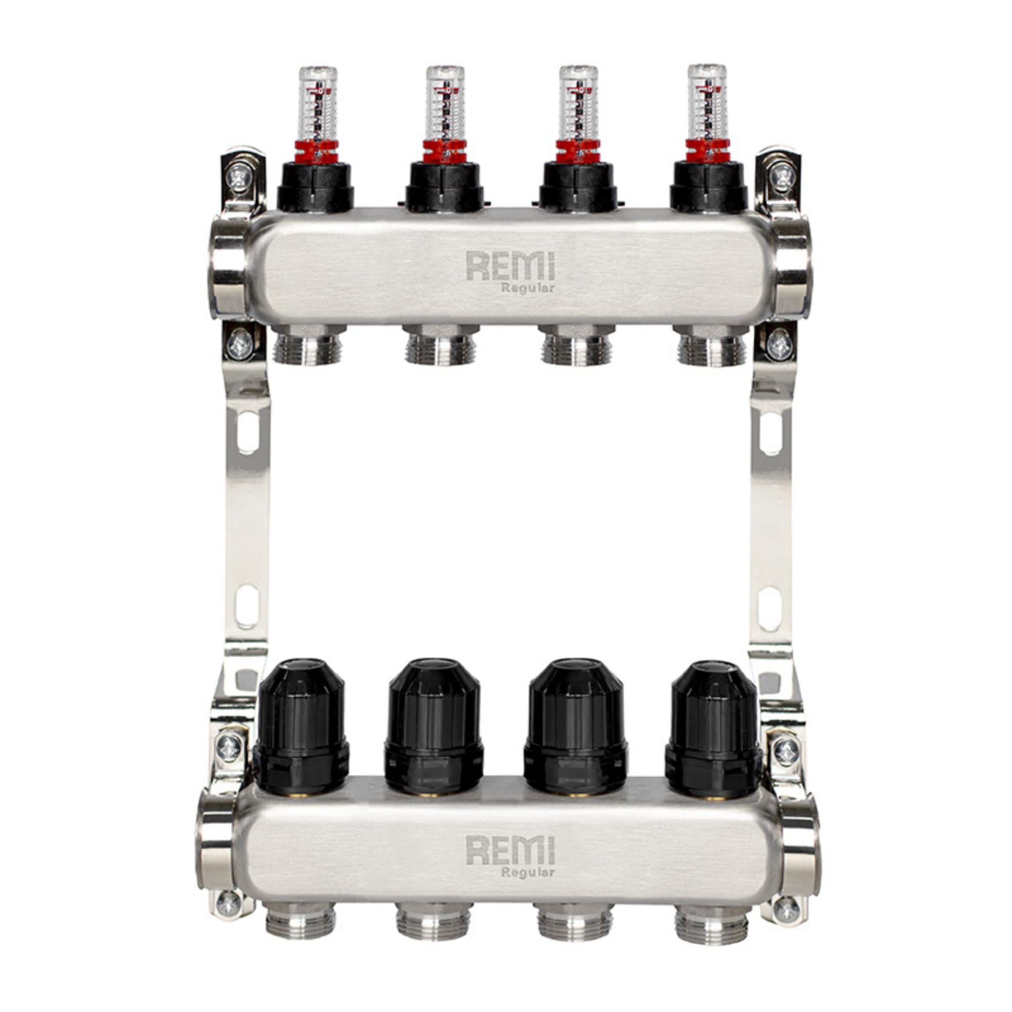 TU-25760_1 Коллектор теплого пола Remi 1″ x 3/4″ 4 выхода, с расходомерами, нержавеющая сталь