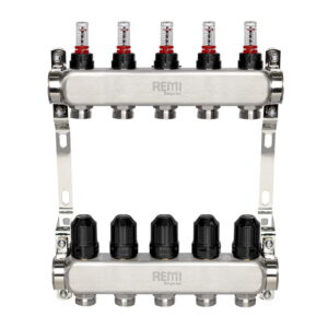 Коллектор теплого пола Remi 1″ x 3/4″ 5 выхода, с расходомерами, нержавеющая сталь