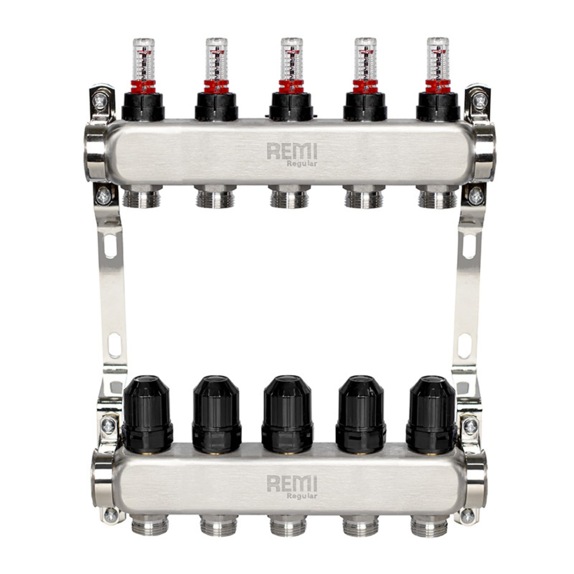 TU-25761_1 Коллектор теплого пола Remi 1″ x 3/4″ 5 выхода, с расходомерами, нержавеющая сталь