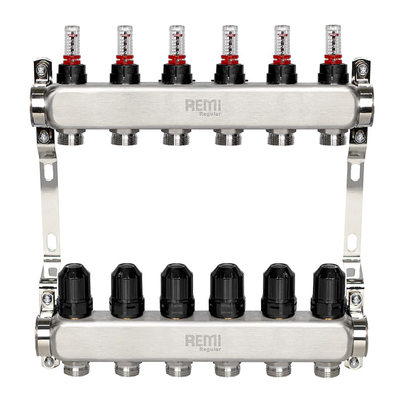 TU-25763_1 Коллектор теплого пола Remi 1″ x 3/4″ 6 выхода, с расходомерами, нержавеющая сталь