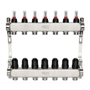 Коллектор теплого пола Remi 1″ x 3/4″ 7 выхода, с расходомерами, нержавеющая сталь
