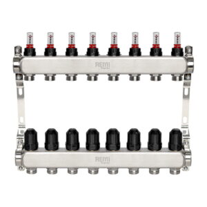 Коллектор теплого пола Remi 1″ x 3/4″ 8 выхода, с расходомерами, нержавеющая сталь