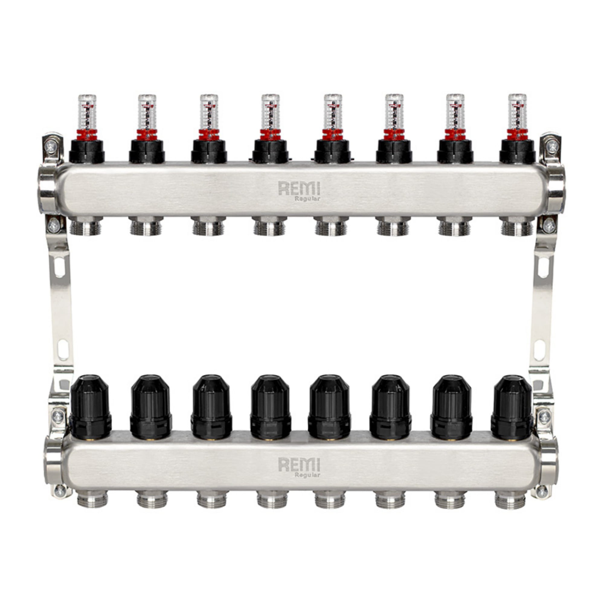TU-25765_1 Коллектор теплого пола Remi 1″ x 3/4″ 8 выхода, с расходомерами, нержавеющая сталь