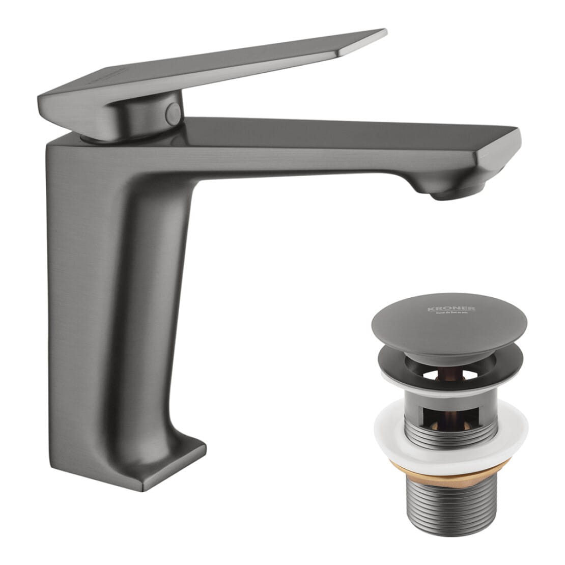 CV035469_1 Смеситель для умывальника Kroner KRP Ersel - GRP0111BV однорычажный, графит матовый + донный клапан