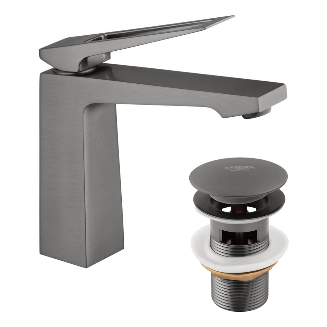 CV035472_1 Смеситель для умывальника Kroner KRP Ersel - GRP0110BV однорычажный, графит матовый + донный клапан