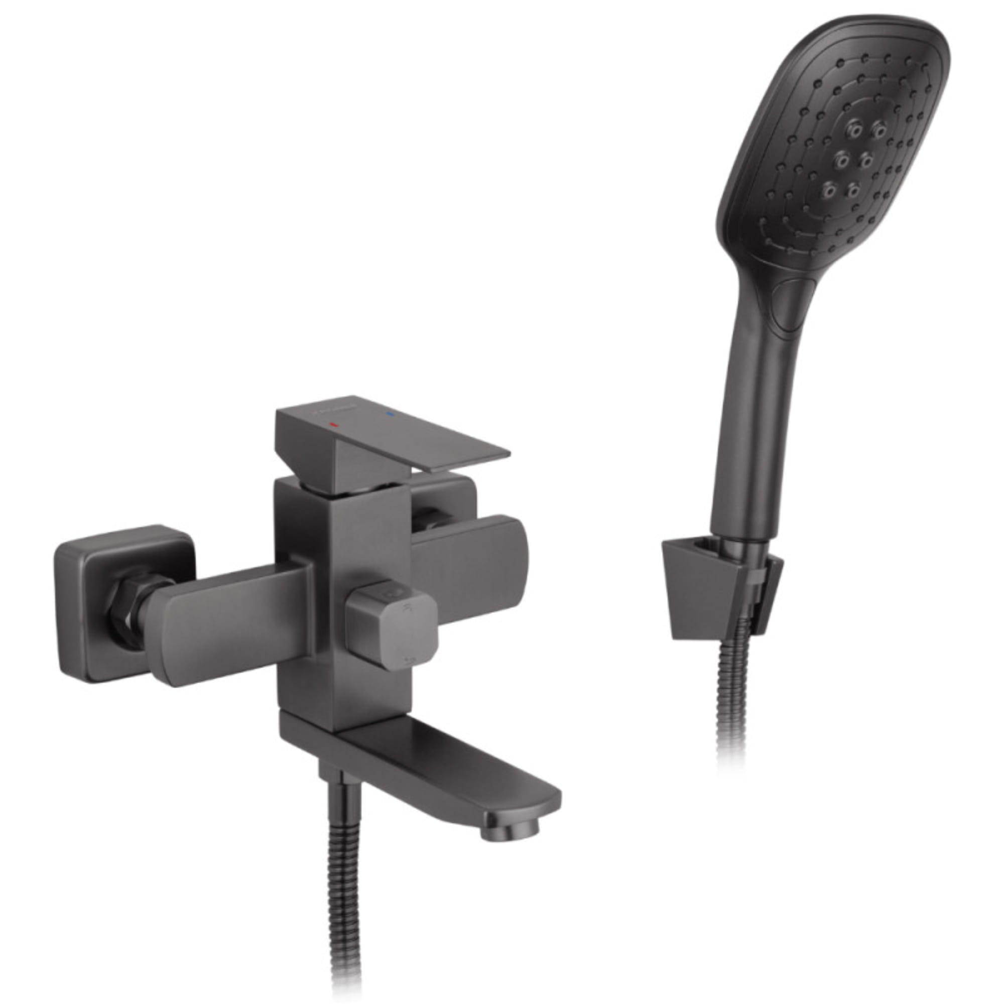 SVR-CV035907_1 Смеситель для ванны Kroner KRP Edelstahl Kubus PVD060 однорычажный, графит + ручная лейка (CV035907)