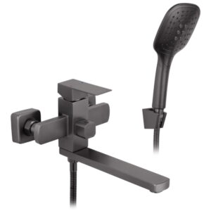 Смеситель для ванны Kroner KRP Edelstahl Kubus PVD070 однорычажный, графит + ручная лейка (CV035908)