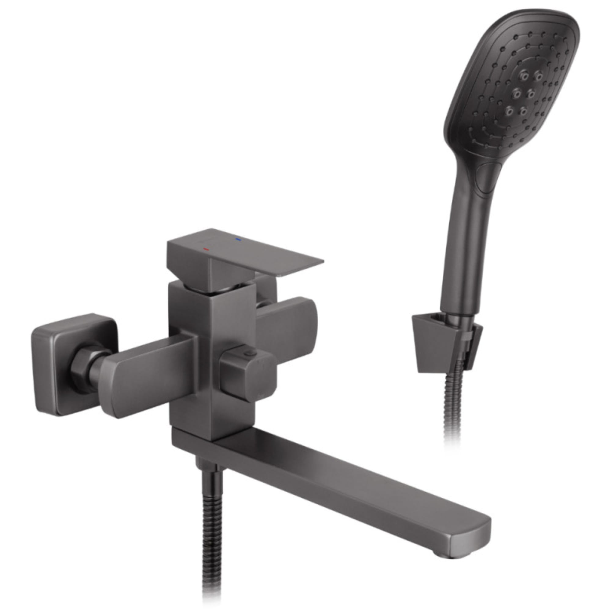 SVR-CV035908_1 Смеситель для ванны Kroner KRP Edelstahl Kubus PVD070 однорычажный, графит + ручная лейка (CV035908)