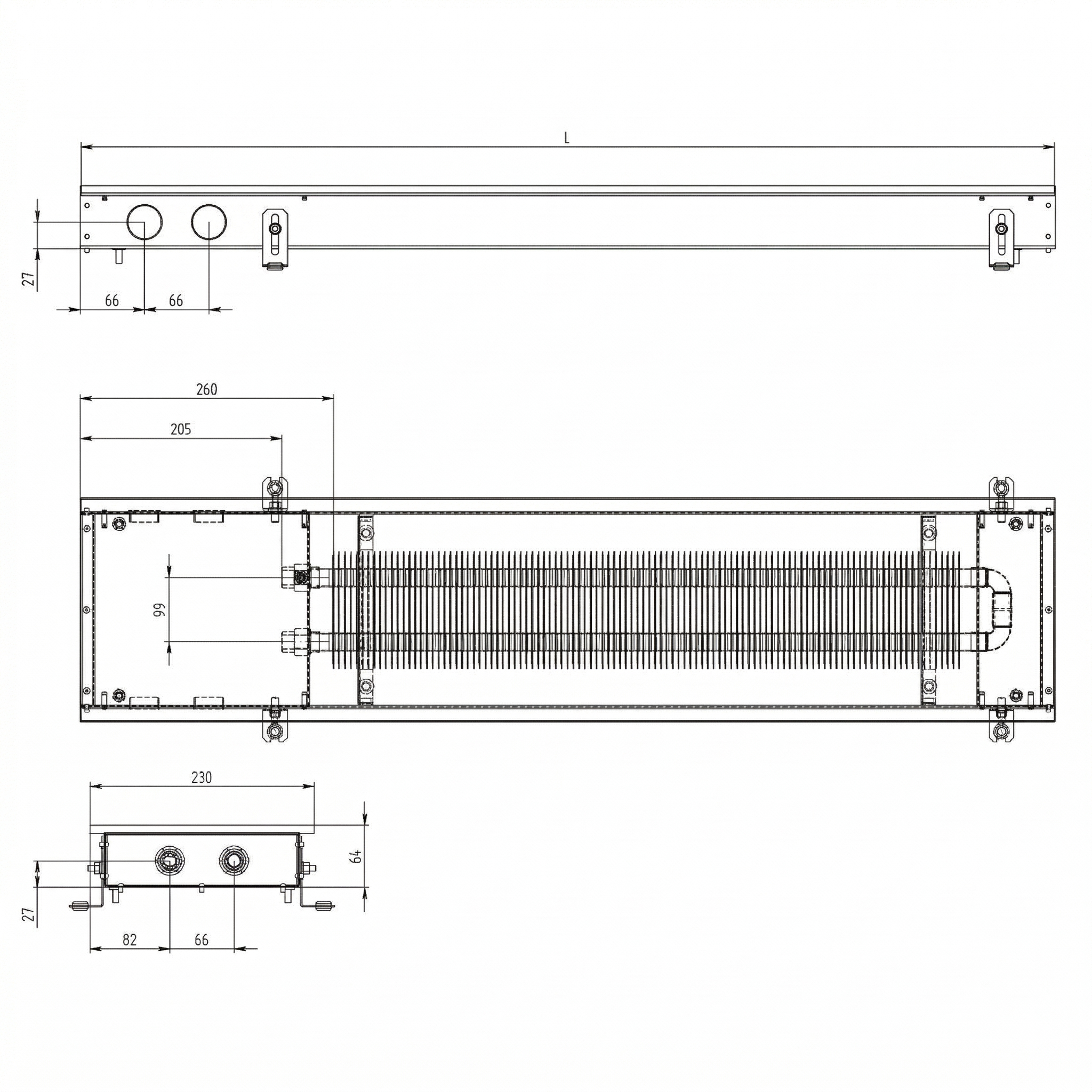 PPX-M651000_5 Внутрипольный конвектор Carrera M65 1000x230x65 с естественной конвекцией