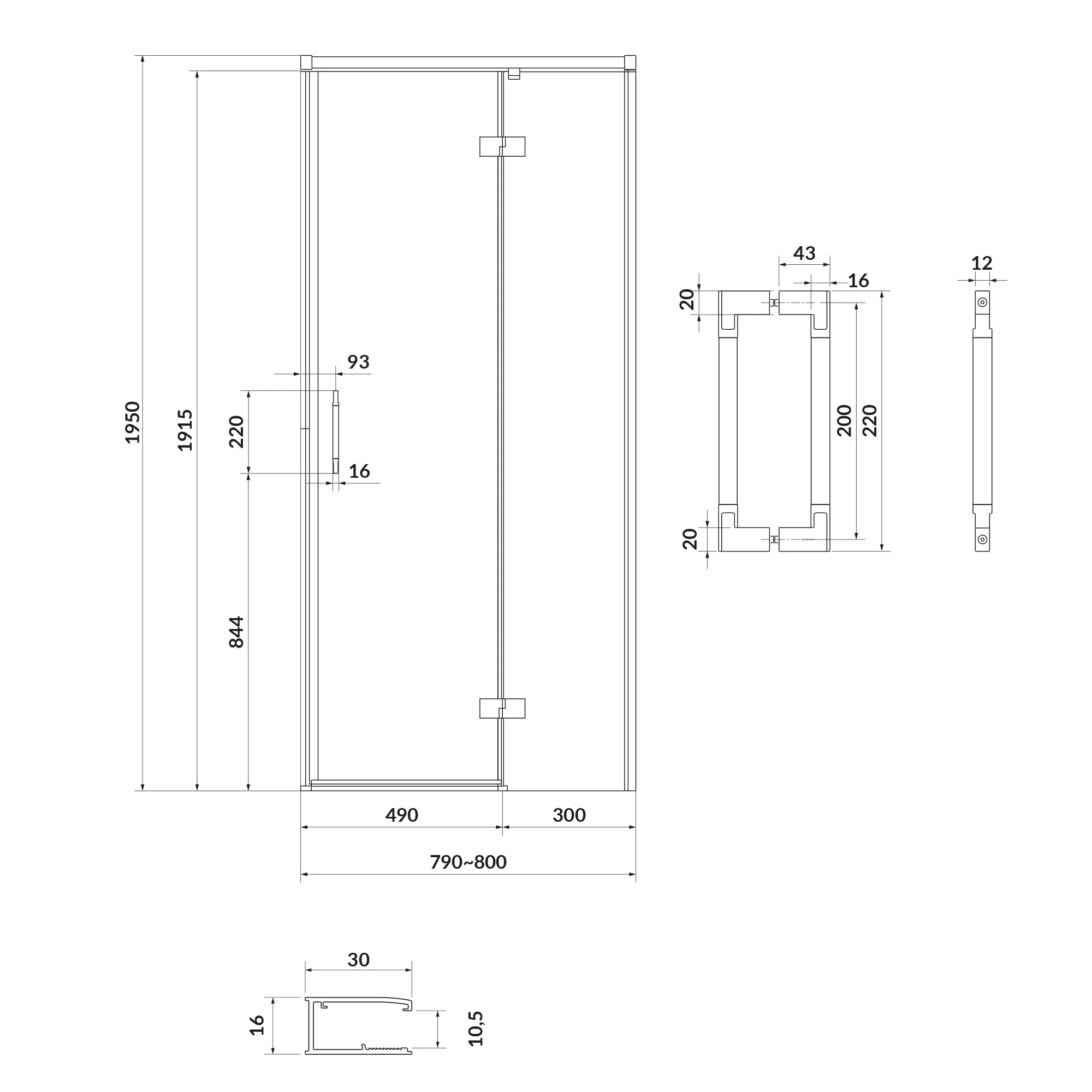 GRM-S932-115_2 Душевые двери Cersanit Larga 1950x800 распашные, стекло 6 мм + покрытие CleanPro