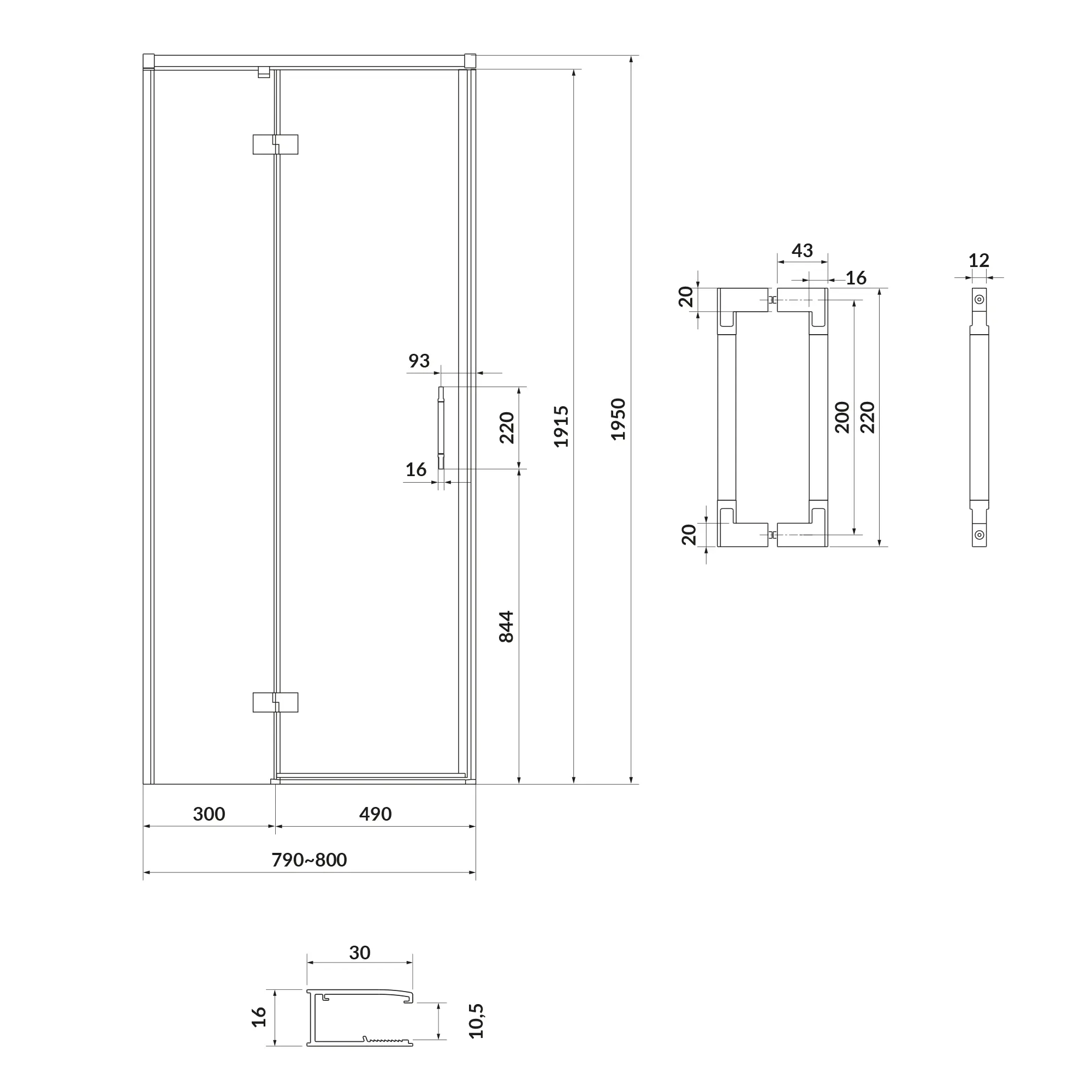 GRM-S932-119_2 Душевые двери Cersanit Larga 1950x800 распашные, стекло 6 мм + покрытие CleanPro