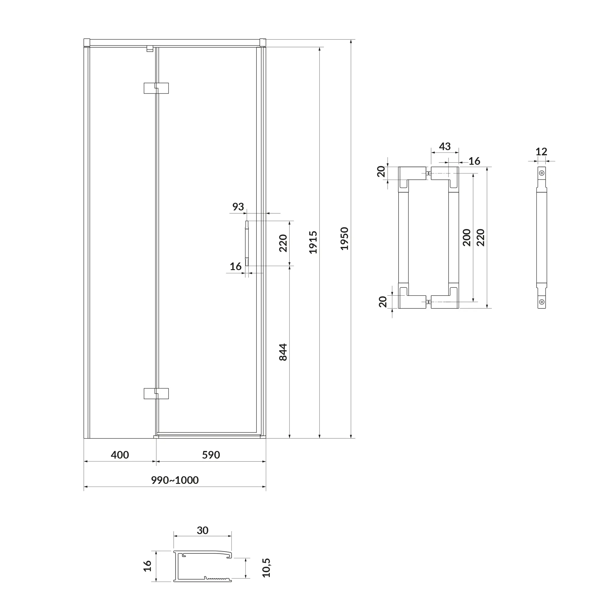 GRM-S932-121_2 Душевые двери Cersanit Larga 1950x1000 распашные, стекло 6 мм + покрытие CleanPro