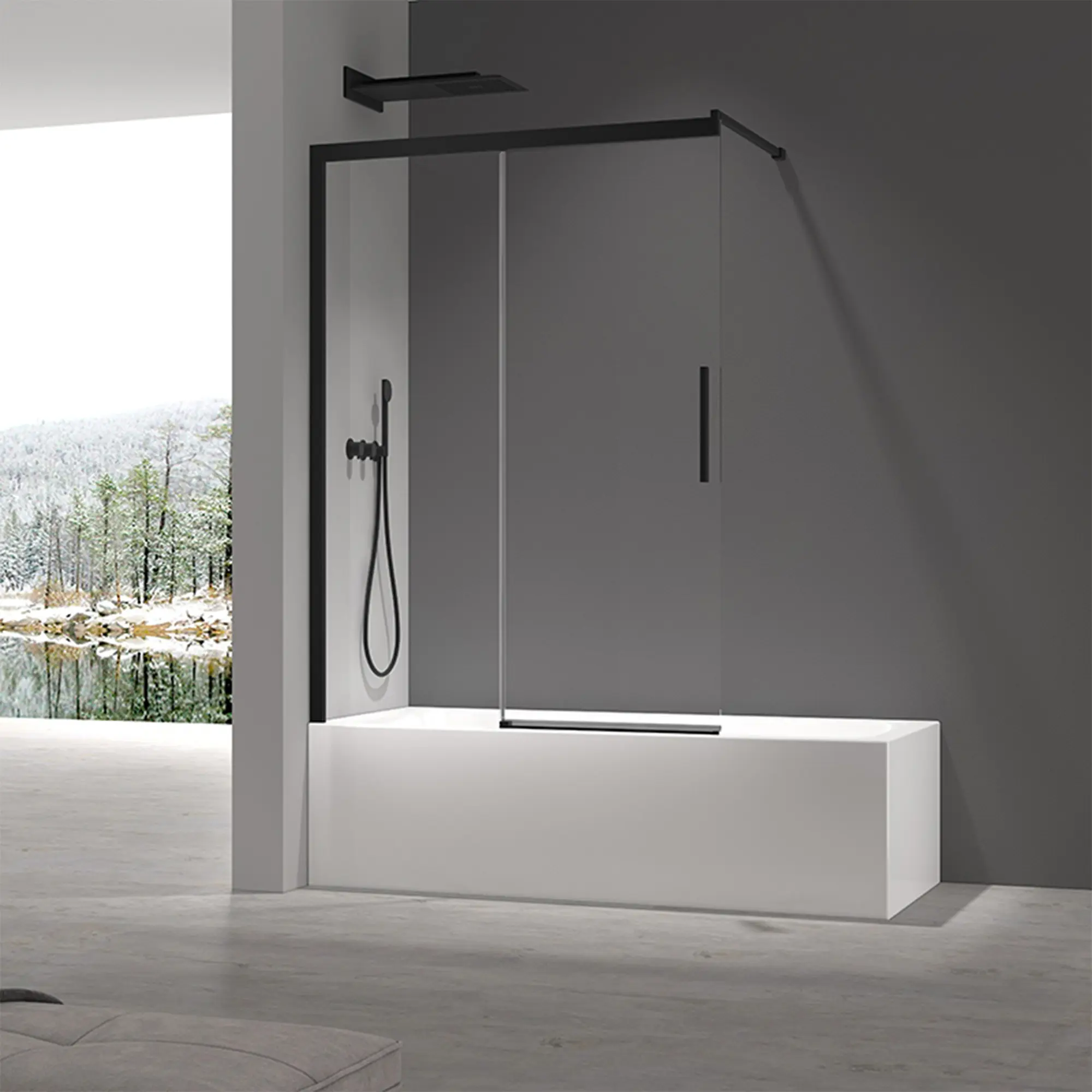 OL-KR5947_2 Шторка для ванной Koer SR 2 150x120 универсальная, стекло 6 мм, прозрачная, графит + покрытие Easy Clean