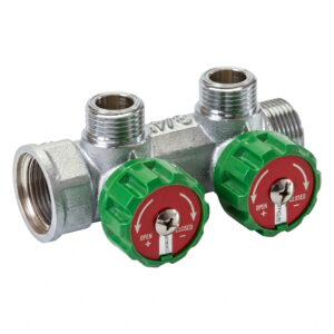 Распределительный коллектор Tervix Pro Line WD 3/4″x3/4″ на 2 выхода, с регулирующими вентилями, латунный (392012)