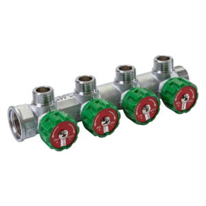 Распределительный коллектор Tervix Pro Line WD 3/4″x3/4″ на 4 выхода, с регулирующими вентилями, латунный (394012)